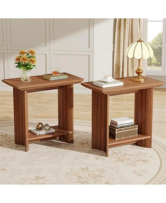Tribesigns 2 Set End Table for Living Room, 2-Tier Wood Sofa Side Table with Storage and Curved Pedestal, Industrial Bedside Night Stand for Bedroom,