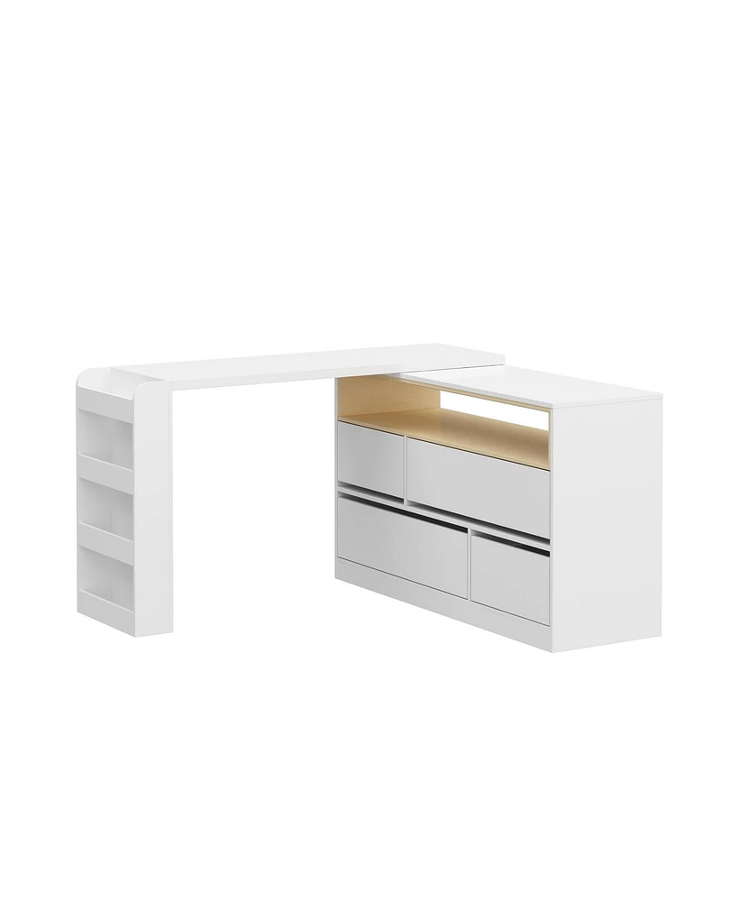 Famapy 47.2 in. L-Shaped White Wood Computer Desk Writing Desk Table Office Workstation W/Moveable Tabletop, Shelves, Drawers