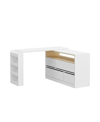 Famapy 47.2 in. L-Shaped White Wood Computer Desk Writing Desk Table Office Workstation W/Moveable Tabletop, Shelves, Drawers