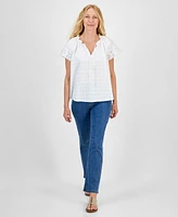 Style & Co Women's Embroidered Cotton Flutter-Sleeve Top, Exclusively at Macy's