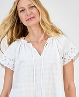 Style & Co Women's Embroidered Cotton Flutter-Sleeve Top, Exclusively at Macy's