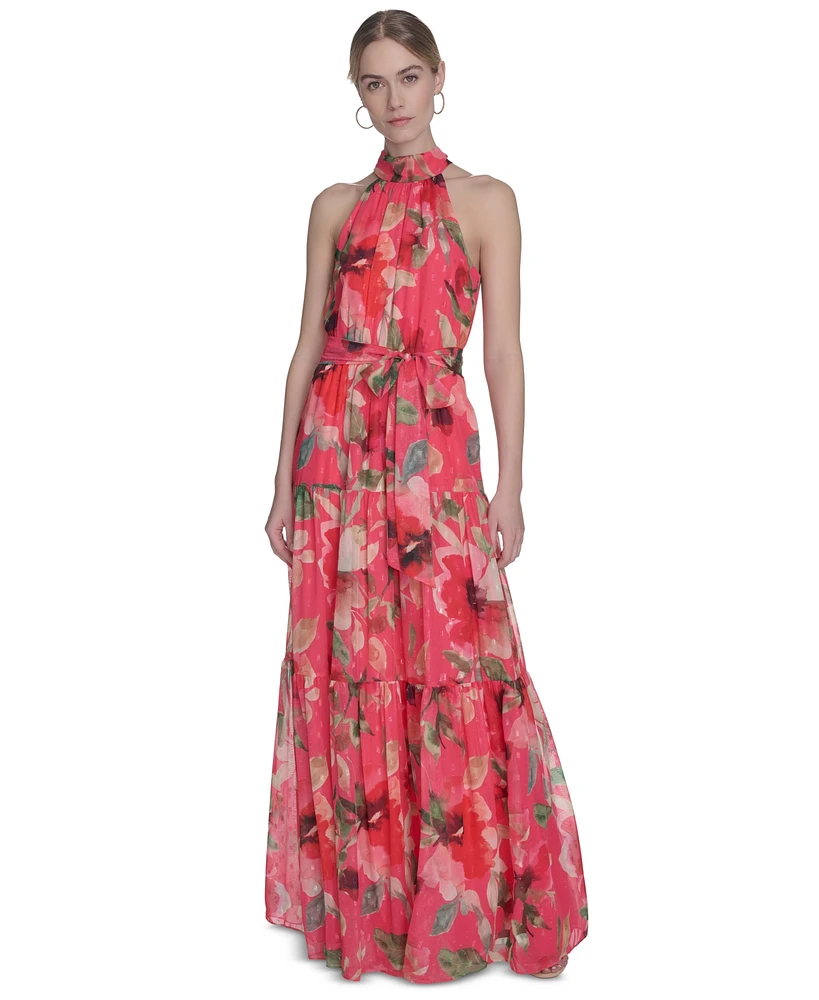 Eliza J Women's Printed Sleeveless Tie-Waist Chiffon Gown