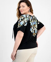 Jm Collection Plus Printed Tie Split Neck Top