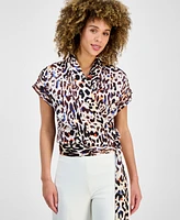 Tahari Asl Women's Printed Short-Sleeve Faux-Wrap Top