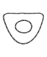 Bling Jewelry Flat Figaro Link 5MM Necklace & Bracelet Set Black Gold Tone Stainless Steel