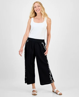 Style & Co Petite Cotton Embroidered Pull-On Gauze Pants, Exclusively at Macy's