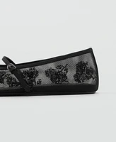 Mango Women's Strap Buckle Embroidered Ballerinas Shoes