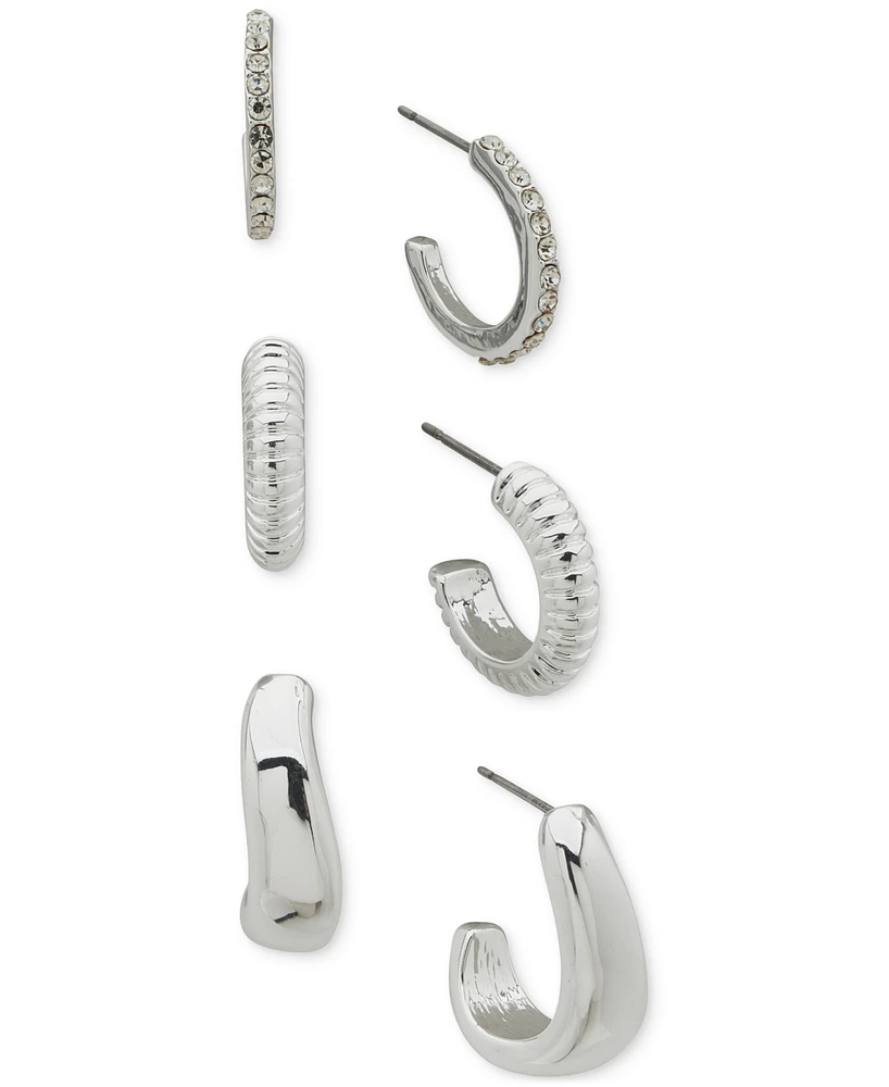 Anne Klein Silver-Tone 3-Pc. Set Pave & Puffy C-Hoop Earrings