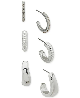 Anne Klein Silver-Tone 3-Pc. Set Pave & Puffy C-Hoop Earrings