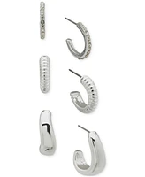 Anne Klein Silver-Tone 3-Pc. Set Pave & Puffy C-Hoop Earrings