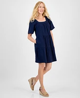 Style & Co Petite Square-Neck Short-Sleeve Tiered Dress, Exclusively at Macy's