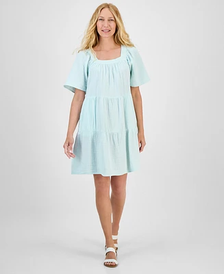 Style & Co Petite Square-Neck Short-Sleeve Tiered Dress, Exclusively at Macy's