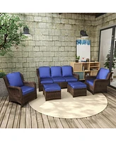 5-Piece Rattan Patio Conversation Set (Gray-Navy)