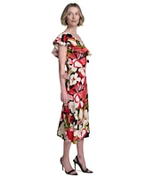 Halston Women's Printed Asymmetric Ruffled Midi Dress