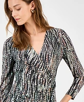 Kasper Women's Printed Long-Sleeve Faux-Wrap Dress