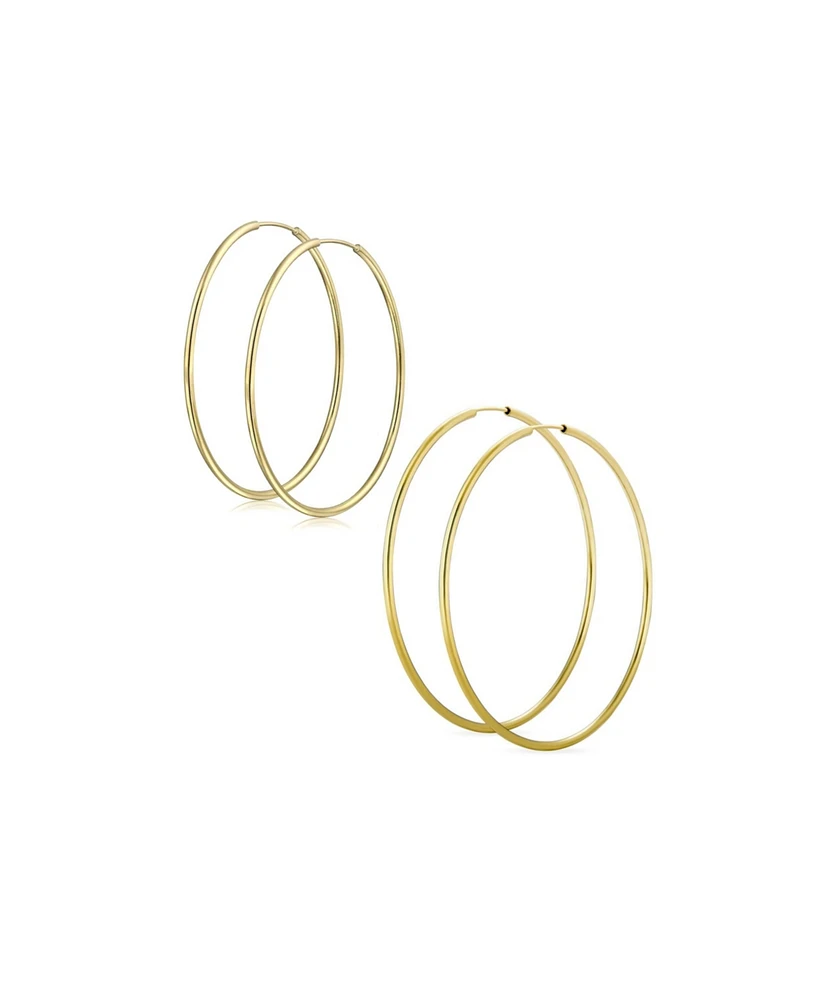 Bling Jewelry Set of 2 Minimalist Hoop Earrings 2MM Gold Plated 1.75 Inch & 2.5 Inch