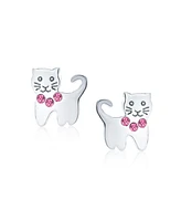 Bling Jewelry Set of 2 Mini Petite Blue Pink Crystal Cat Stud Earrings in Sterling Silver