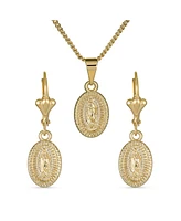 Bling Jewelry Christian Religious Medal Medallion Jewelry set Oval Our Lady Of Guadalupe Virgin Mary Necklace Dangle Earrings Yellow Gold Plated Brass
