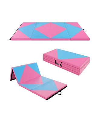 8 Feet Pu Leather Folding Gymnastics Mat with Hook and Loop Fasteners-Pink & Blue