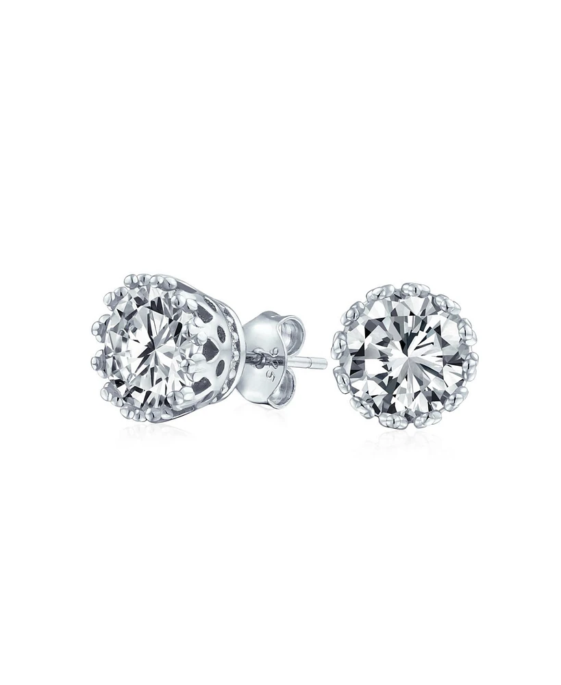Bling Jewelry Solitaire Round Cubic Zirconia Crown Basket Set Cz Stud Earrings Gold Plated Sterling Silver