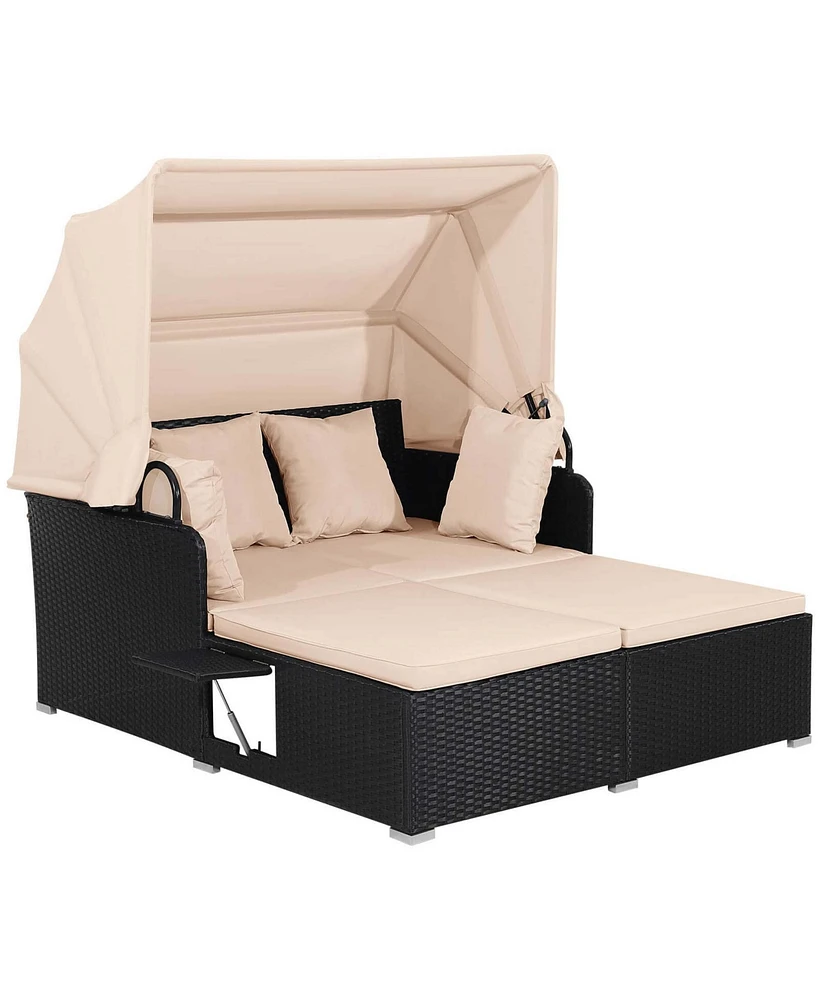 Patio Rattan Daybed Lounge Retractable Top Canopy Side Tables Cushions