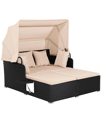 Patio Rattan Daybed Lounge Retractable Top Canopy Side Tables Cushions
