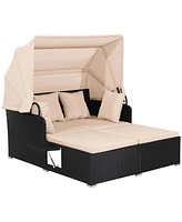 Patio Rattan Daybed Lounge Retractable Top Canopy Side Tables Cushions