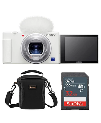 Sony Zv-1 Compact 4K Hd Camera, White, Bundle with 32GB Memory Card and Shoulder Bag