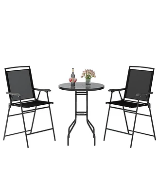 3 Pieces Outdoor Bar Stool Set with Dpc Tabletop and Umbrella Hole for Poolside-Black