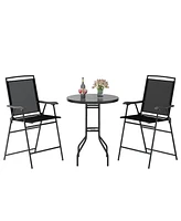 3 Pieces Outdoor Bar Stool Set with Dpc Tabletop and Umbrella Hole for Poolside-Black
