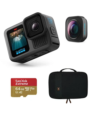 GoPro HERO13 Black Camera, Bundle with Ultra-Wide Pov Lens Mod, 64GB Memory Card and Eva Case