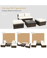Gymax 5PCS Outdoor Furniture Set Patio Rattan Armless Chair & Ottoman w/ Cushion