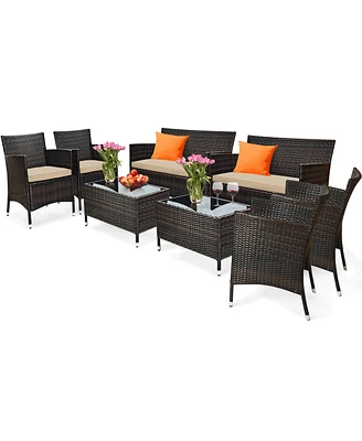 Gymax 8PCS Patio Garden Rattan Furniture Set Coffee Table Cushioned Sofa
