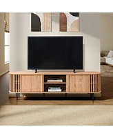 LuxenHome Light Oak Finish Engineered Wood 2-Door and Open Storage 71-Inch Wide Tv Console