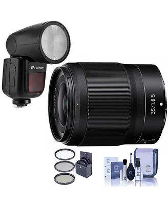 Nikon Nikkor Z 35mm f/1.8 S Lens, Bundle with Flashpoint Zoom Li-on X R2 Ttl On-Camera Round Flash Speedlight, 62mm Filter Kit, Cleaning Kit
