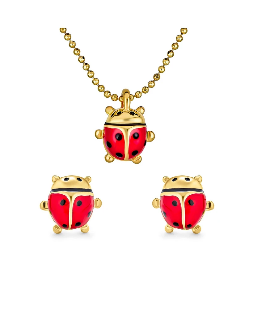 Bling Jewelry Small Red Enamel Ladybug Pendant Necklace & Stud Earrings Set Gold Tone