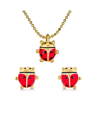 Bling Jewelry Small Red Enamel Ladybug Pendant Necklace & Stud Earrings Set Gold Tone