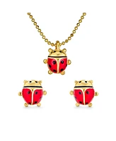 Bling Jewelry Small Red Enamel Ladybug Pendant Necklace & Stud Earrings Set Gold Tone