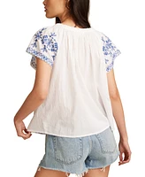 Lucky Brand Women's Cotton Floral Short-Sleeve Peasant Top