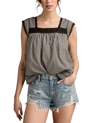 Lucky Brand Women's Cotton Lace-Trim Gingham Tank Top