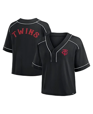 Fanatics Women's Black Minnesota Twins Oversized Champ Game Cropped V-Neck T-Shirt