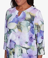 Alfred Dunner Petite Santa Fe Dramatic Pansies Print Top