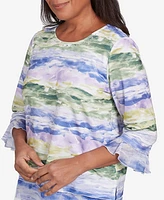 Alfred Dunner Petite Santa Fe Watercolor Biadere Striped Top