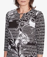 Alfred Dunner Petite Natural Instinct Monotone Patch Beaded Split Neck Top