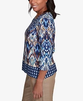 Alfred Dunner Petite Summer Solstice Ikat Diamond Border Square Neck Top