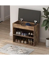 shoe Bench with shelves, natural wooden rack 3 storage compartments, Entryway