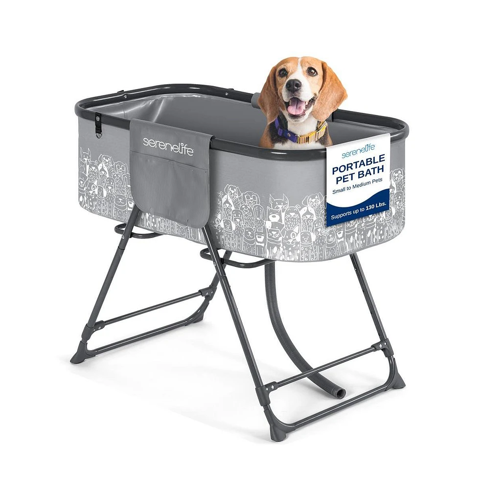 SereneLife Portable Dog Bath Tub with Drain System & Leash Restraint, Gray/Black