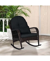 Patio Wicker Rocking Chair with Seat Back Cushions & Lumbar Pillow Porch