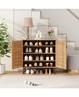 4-Tier Shoe Cabinet with Ventilated Woven Doors – 2-Door Organizer for Home Entryway or Closet