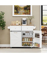 Rolling Kitchen Island with Trash Can Cabinet and Rubber Universal Wheels